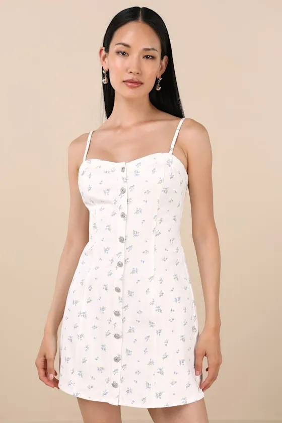 Blakely White Ditsy Floral Twill Button-Front Mini Dress sold by Lulus