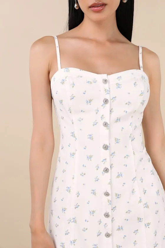 Blakely White Ditsy Floral Twill Button-Front Mini Dress sold by Lulus product image thumbnail 2