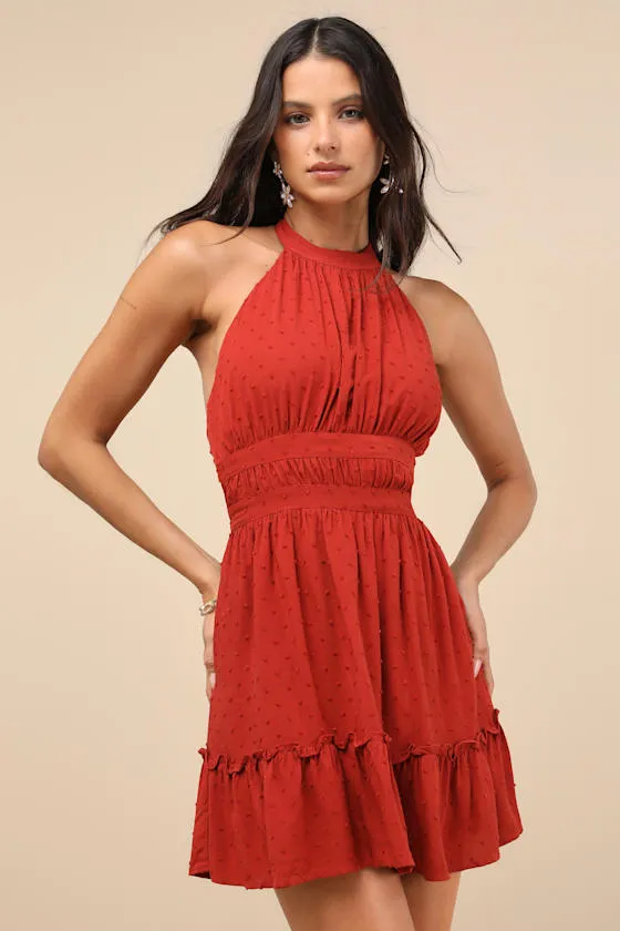 Zahia Rust Red Swiss Dot Ruffled Halter Mini Dress sold by Lulus