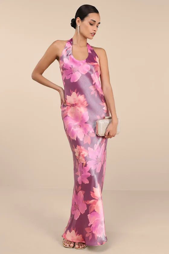 Lashay Purple and Pink Floral Satin Halter Mermaid Maxi Dress sold by Lulus