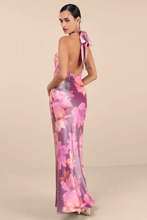 Lashay Purple and Pink Floral Satin Halter Mermaid Maxi Dress sold by Lulus product image thumbnail 2