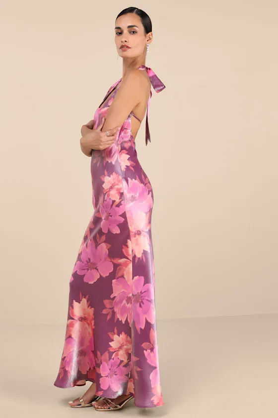Lashay Purple and Pink Floral Satin Halter Mermaid Maxi Dress sold by Lulus product image thumbnail 3
