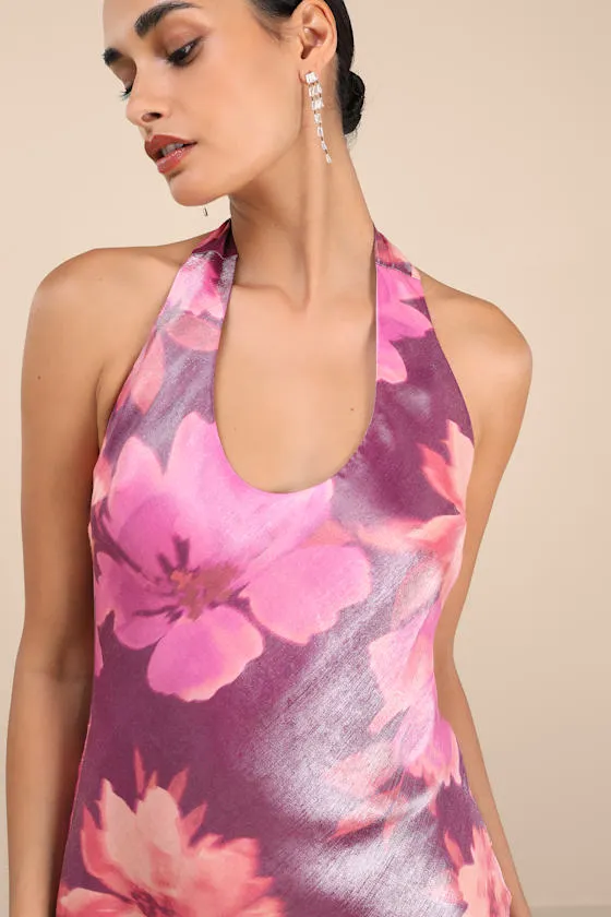 Lashay Purple and Pink Floral Satin Halter Mermaid Maxi Dress sold by Lulus product image thumbnail 4