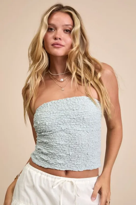 Damia Light Blue Jacquard Knit Strapless Crop Top sold by Lulus
