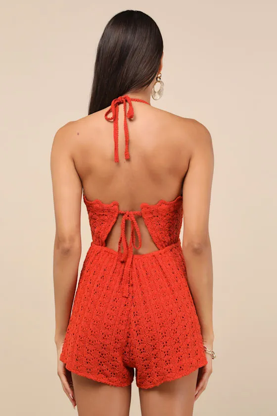 Tovia Red Orange Pointelle Knit Tie-Back Halter Romper sold by Lulus product image thumbnail 2
