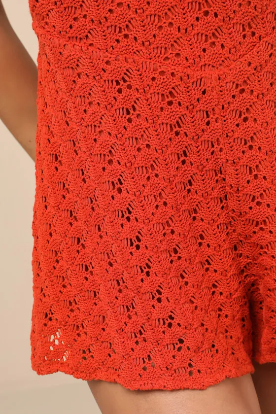 Tovia Red Orange Pointelle Knit Tie-Back Halter Romper sold by Lulus product image thumbnail 4