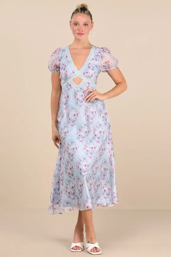 Darcy Light Blue Floral Puff Sleeve Midi Dress sold by Lulus