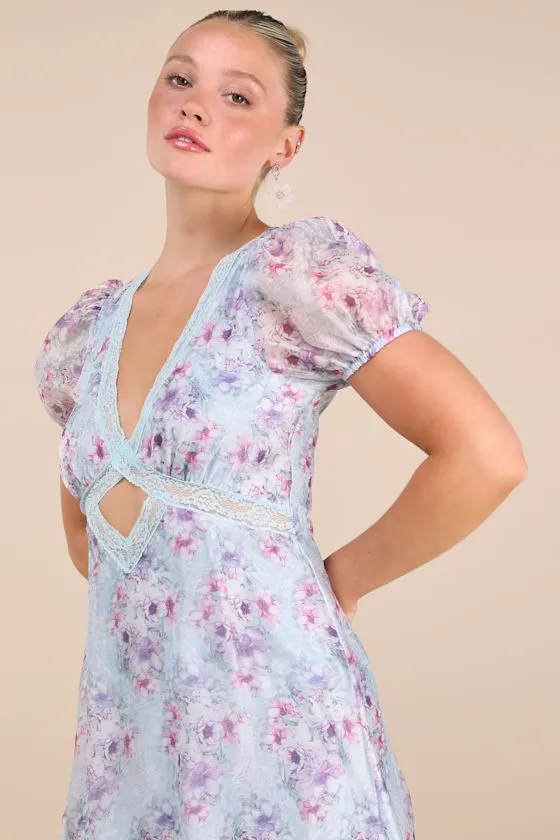 Darcy Light Blue Floral Puff Sleeve Midi Dress sold by Lulus product image thumbnail 4