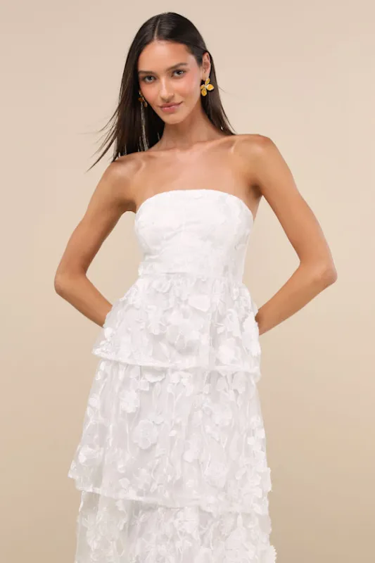 Pomina White 3D Floral Appliques Tiered Midi Dress sold by Lulus