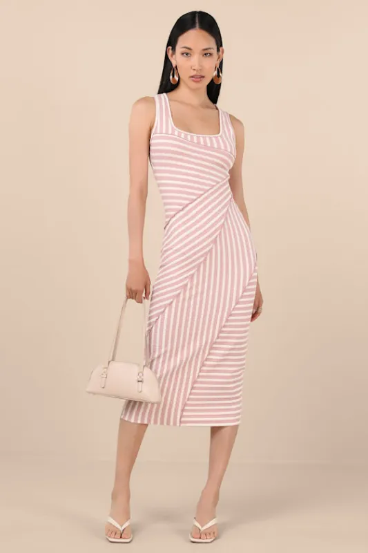Constantly Trendy Blush Striped Crinkle Bodycon Midi Dress sold by Lulus