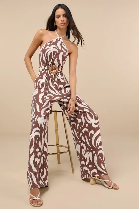 Palena Brown Abstract Print Halter Wide-Leg Jumpsuit sold by Lulus