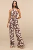 Palena Brown Abstract Print Halter Wide-Leg Jumpsuit sold by Lulus