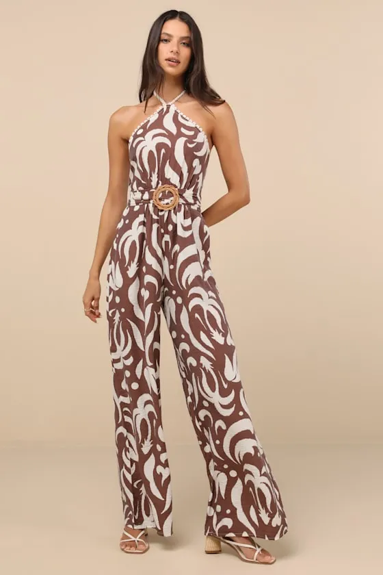Palena Brown Abstract Print Halter Wide-Leg Jumpsuit sold by Lulus product image thumbnail 2
