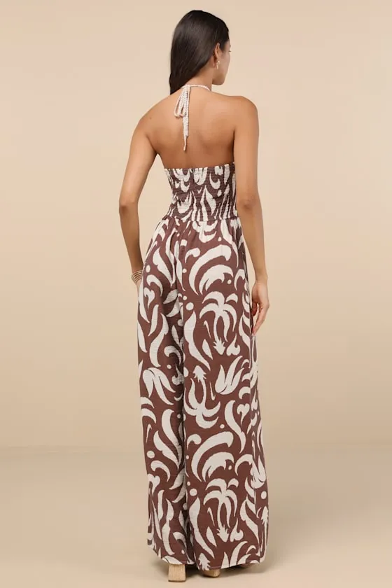 Palena Brown Abstract Print Halter Wide-Leg Jumpsuit sold by Lulus product image thumbnail 4