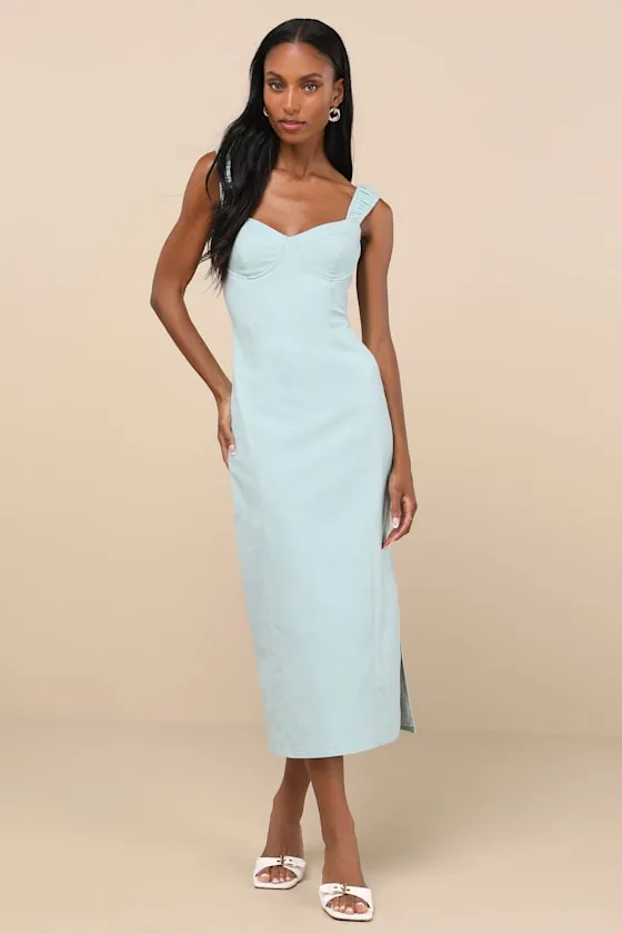 Amyra Light Blue Cap Sleeve Bustier Midi Dress sold by Lulus