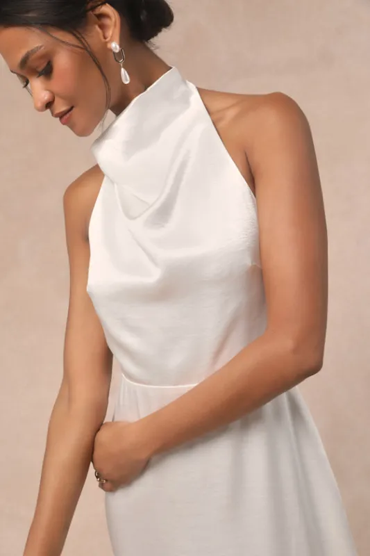 Meliana White Satin Halter Backless Maxi Dress sold by Lulus