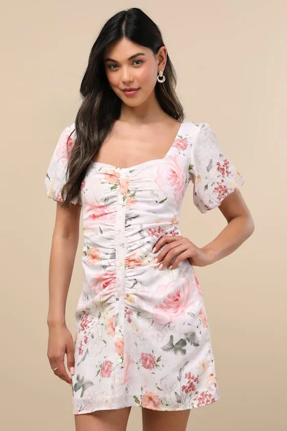 Kenlee Ivory Floral Puff Sleeve Mini Dress sold by Lulus
