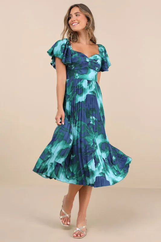 Authentically Yours Teal Multi Abstract Print Satin Midi Dress sold by Lulus