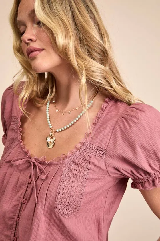 Kinsie Dusty Rose Puff Sleeve Button-Front Top sold by Lulus product image thumbnail 3