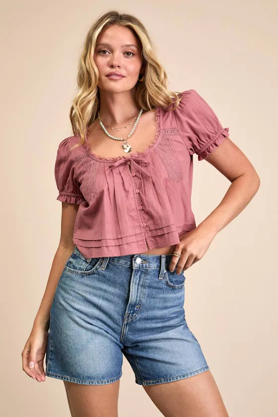 Kinsie Dusty Rose Puff Sleeve Button-Front Top sold by Lulus product image thumbnail 4