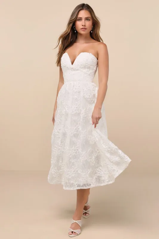 Galena Ivory Lace Applique Strapless Midi Dress sold by Lulus