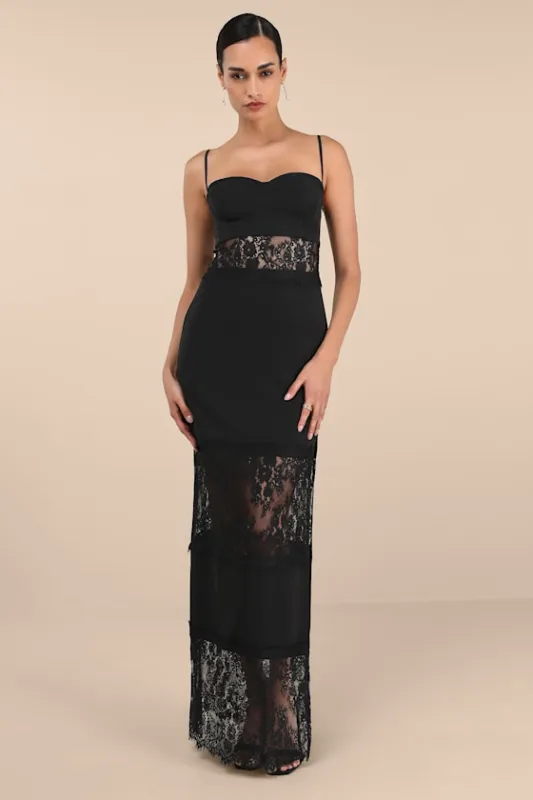 Jiliana Black Lace Column Maxi Dress sold by Lulus