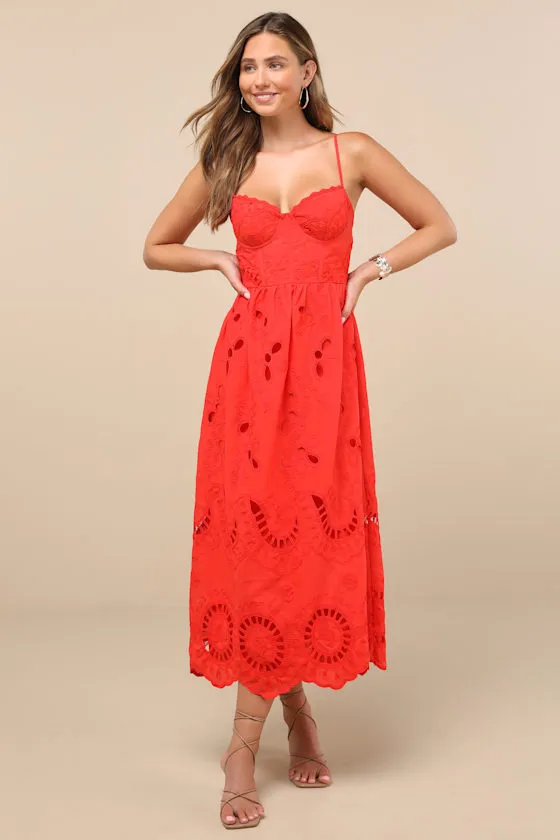 Jenora Bright Red Embroidered Bustier Midi Dress sold by Lulus