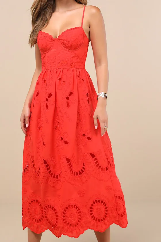 Jenora Bright Red Embroidered Bustier Midi Dress sold by Lulus product image thumbnail 2