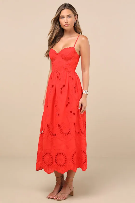 Jenora Bright Red Embroidered Bustier Midi Dress sold by Lulus product image thumbnail 3