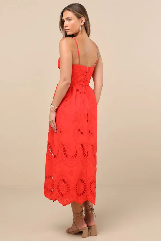 Jenora Bright Red Embroidered Bustier Midi Dress sold by Lulus product image thumbnail 4