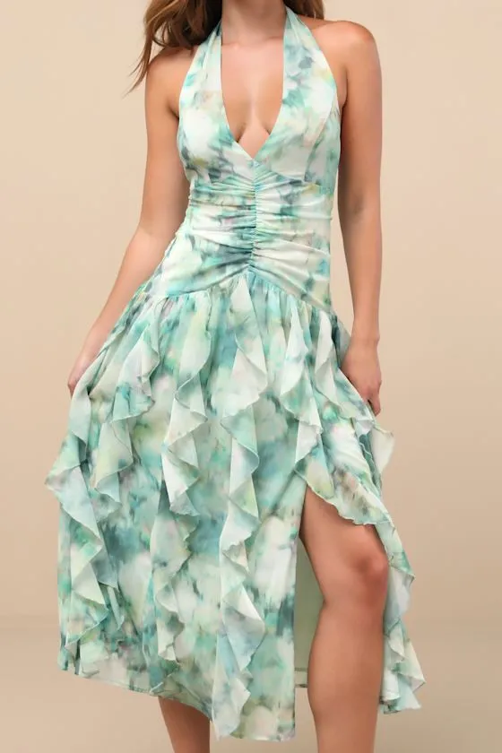 Febe Teal Green Multi Abstract Halter Ruffled Midi Dress sold by Lulus product image thumbnail 4