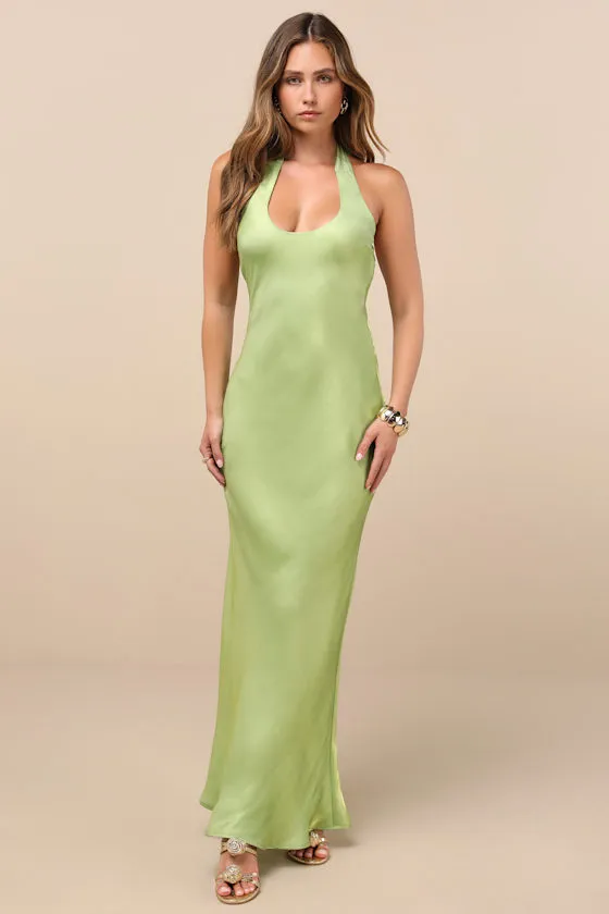 Lashay Light Green Satin Halter Mermaid Maxi Dress sold by Lulus