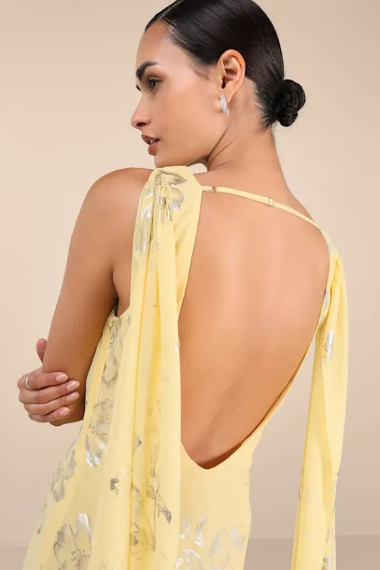 Sidonia Yellow and Gold Floral Cowl Sash Maxi Dress sold by Lulus