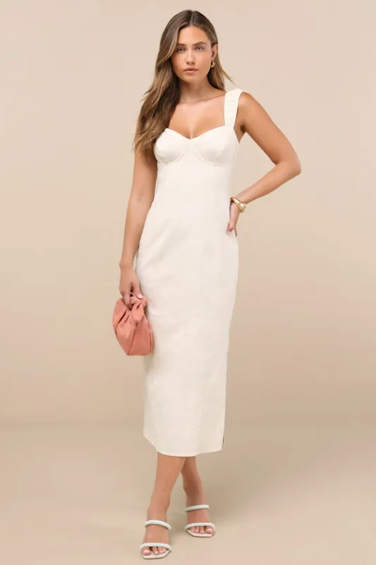 Amyra Cream Cap Sleeve Bustier Midi Dress sold by Lulus