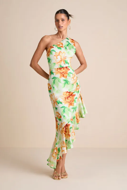 Divinely Blooming White Multi Floral One-Shoulder Midi Dress sold by Lulus