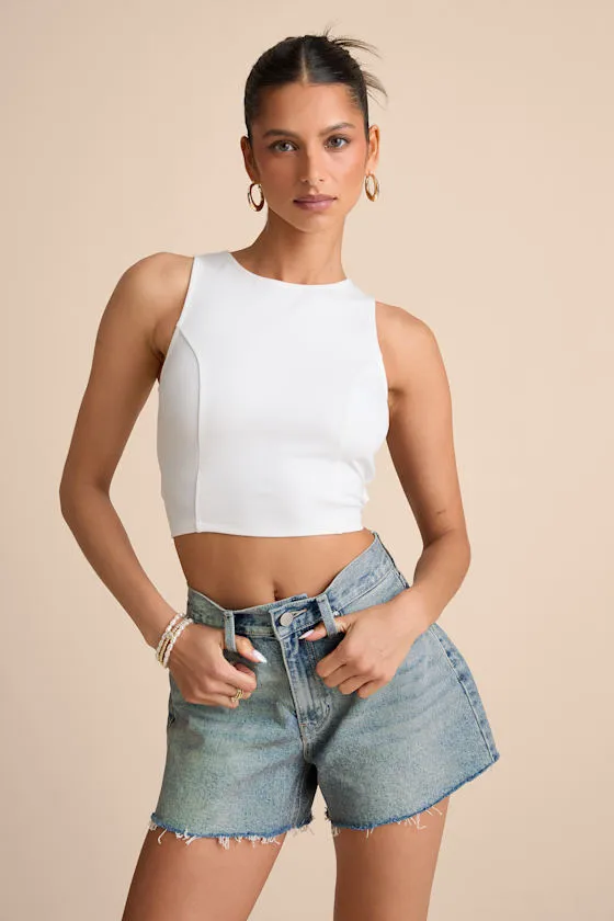 Audrea Medium Wash A-Line High-Rise Shorts sold by Lulus