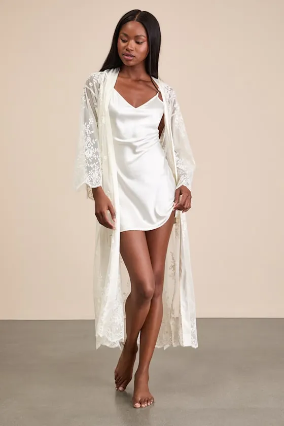 Leonor Ivory Satin Slip and Lace Robe Set sold by Lulus