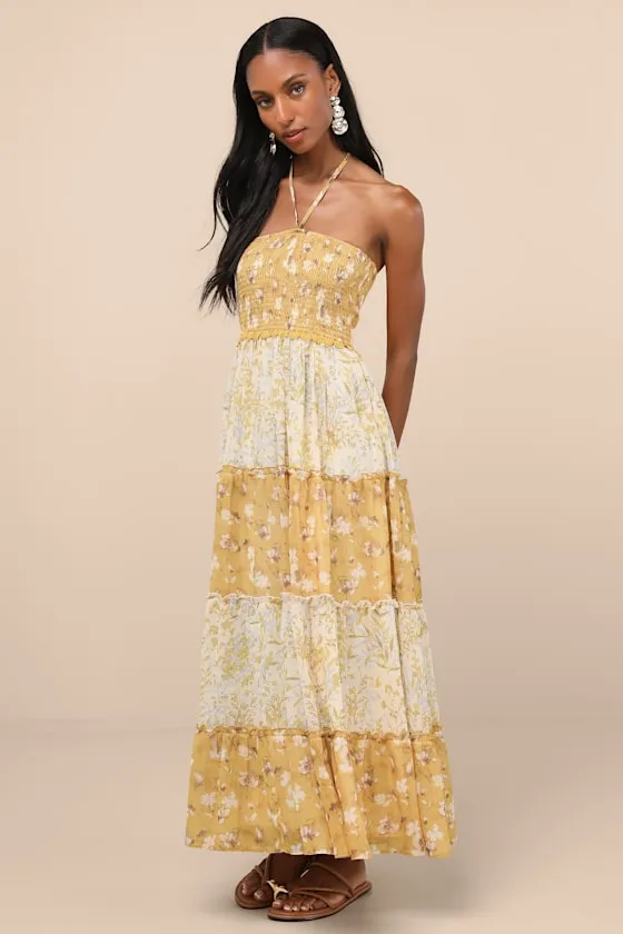 Bennie Yellow and Ivory Floral Tiered Halter Maxi Dress sold by Lulus product image thumbnail 2