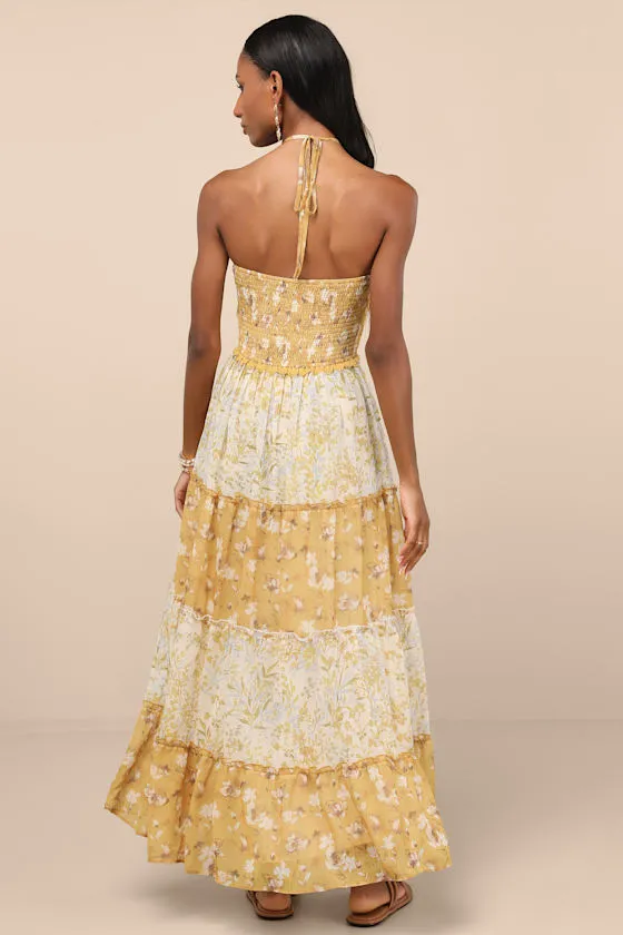 Bennie Yellow and Ivory Floral Tiered Halter Maxi Dress sold by Lulus product image thumbnail 3