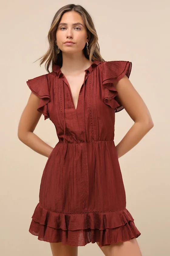 Tanaya Rust Brown Flutter Sleeve Tiered Mini Dress sold by Lulus