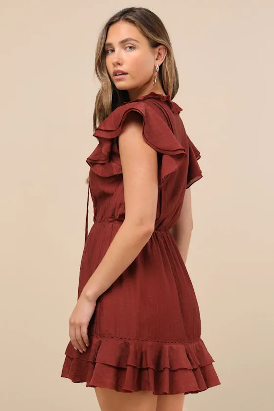Tanaya Rust Brown Flutter Sleeve Tiered Mini Dress sold by Lulus product image thumbnail 2