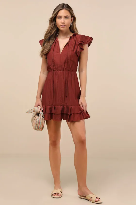 Tanaya Rust Brown Flutter Sleeve Tiered Mini Dress sold by Lulus product image thumbnail 4