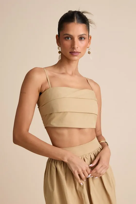 Marina Tan Pleated Cotton Cami Crop Top sold by Lulus