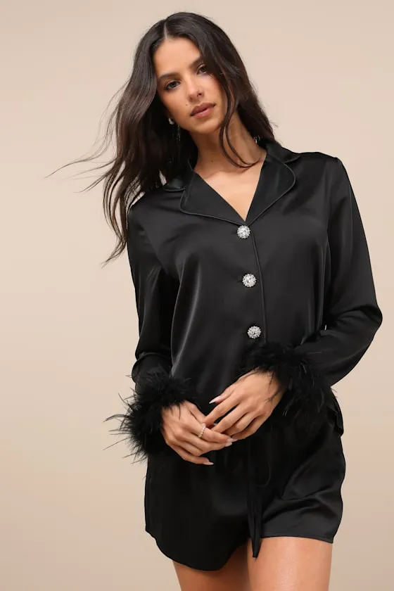 Lindon Black Satin Feather Two-Piece Pajama Set sold by Lulus