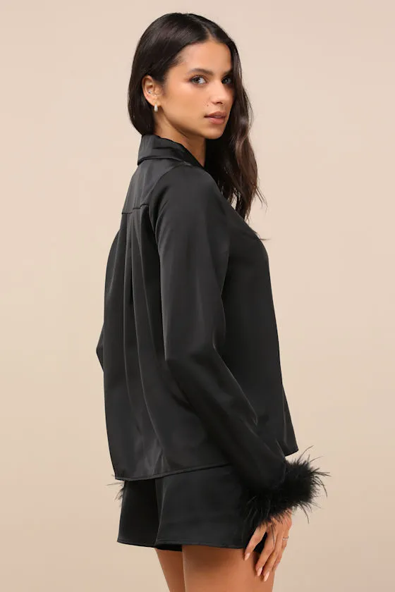 Lindon Black Satin Feather Two-Piece Pajama Set sold by Lulus product image thumbnail 4