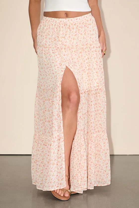 Subtle Sweetness Ivory and Orange Floral Print Tiered Maxi Skirt sold by Lulus product image thumbnail 2