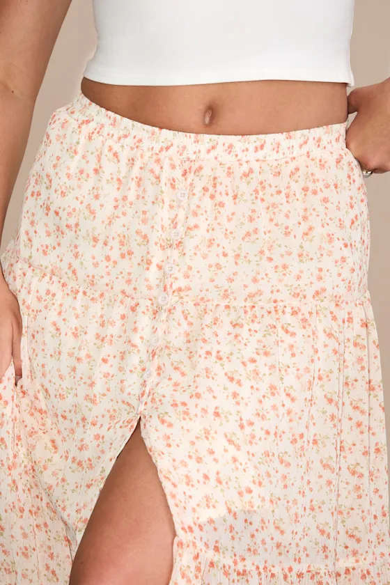 Subtle Sweetness Ivory and Orange Floral Print Tiered Maxi Skirt sold by Lulus product image thumbnail 4