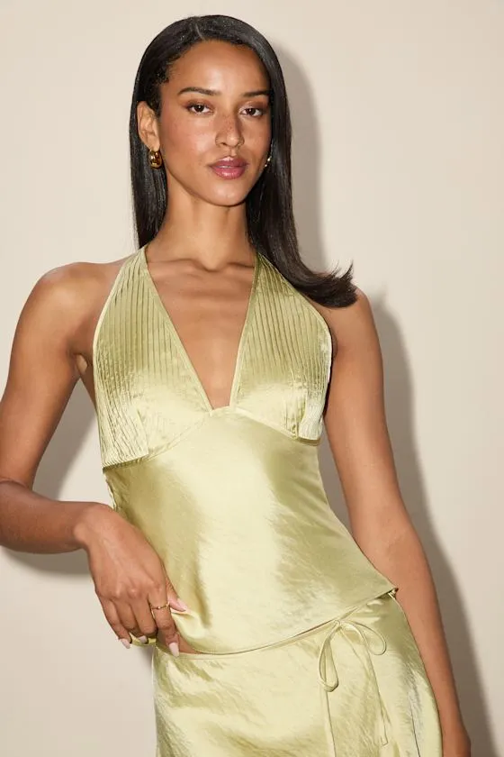 Devon Lime Satin Pleated Halter Top sold by Lulus