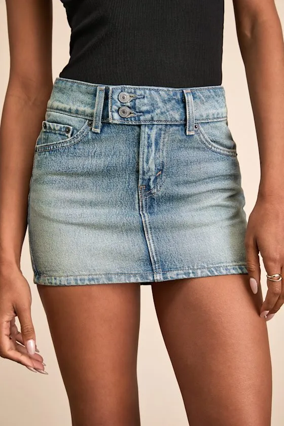 Superlow Medium Wash Low-Rise Mini Skirt sold by Lulus