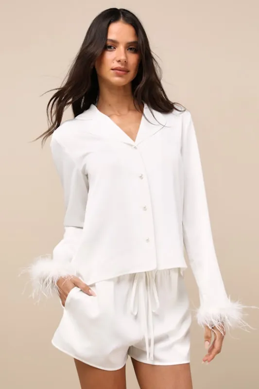 Lindon Ivory Satin Feather Two-Piece Pajama Set sold by Lulus
